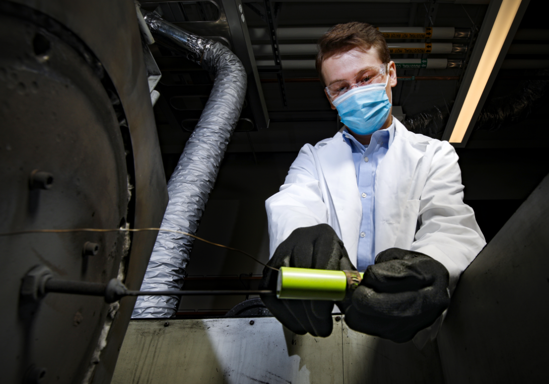 Samuel Plunkett works on lithium-ion battery technology