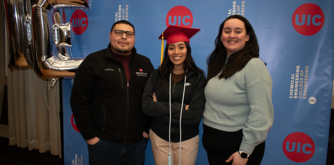 Undergradate/Graduate Student Coordinator Eduardo Martinez, ChE office student worker Melanie Valentin, and Office Support Specialist Sarai Chavez