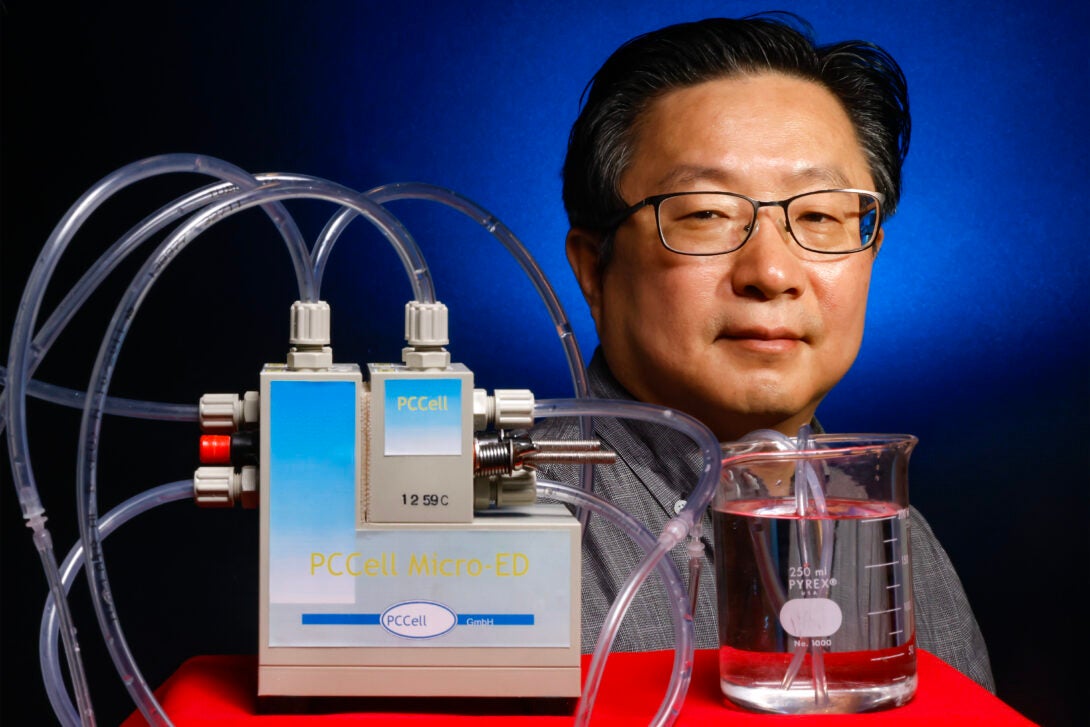 University of Illinois Chicago College of Engineering CHE Associate Professor Sangil Kim in the lab with a bi-polar membrane electro-dialysis device.